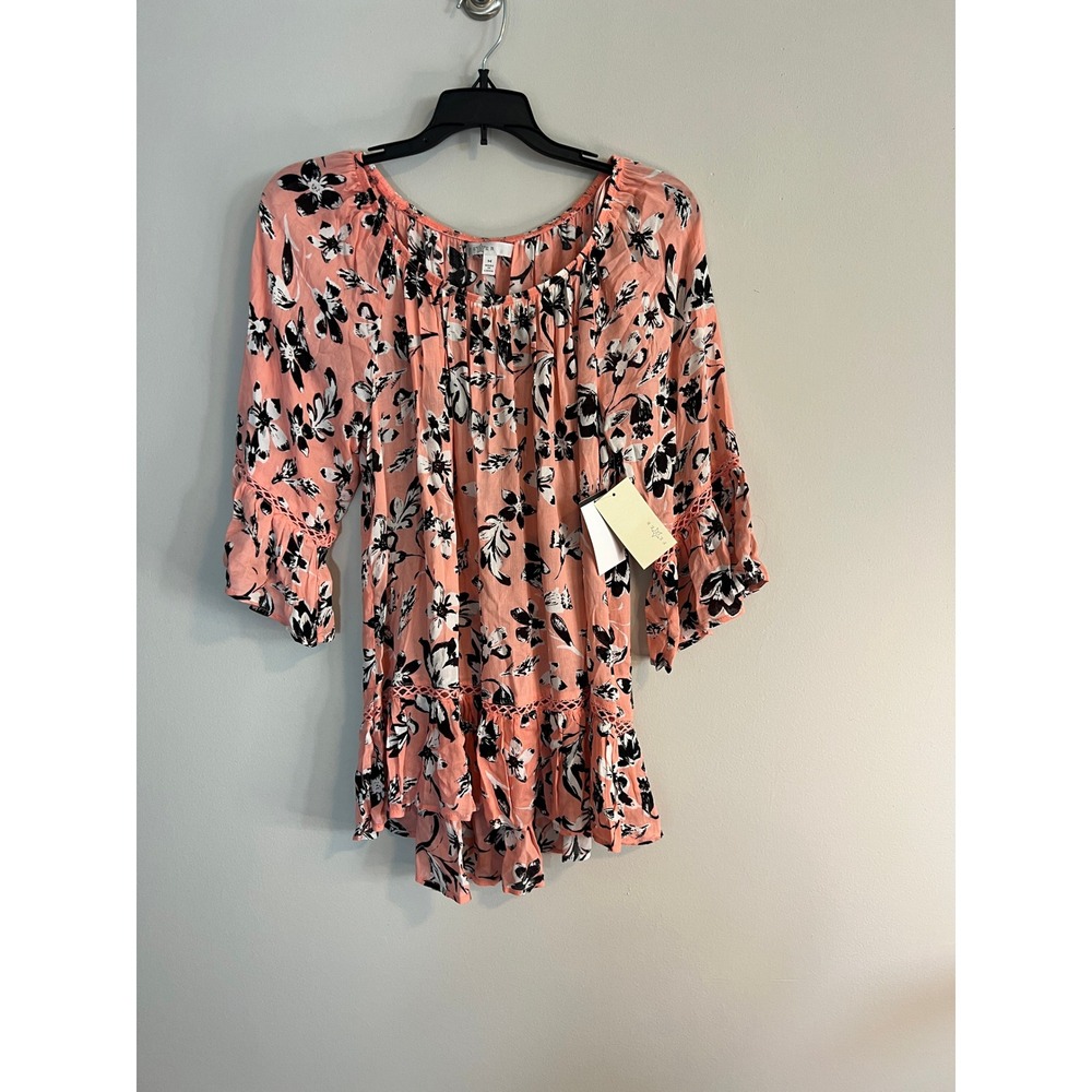 Fever Coral Floral Bell Sleeve Tunic Top Crochet Trim NWT Size Medium